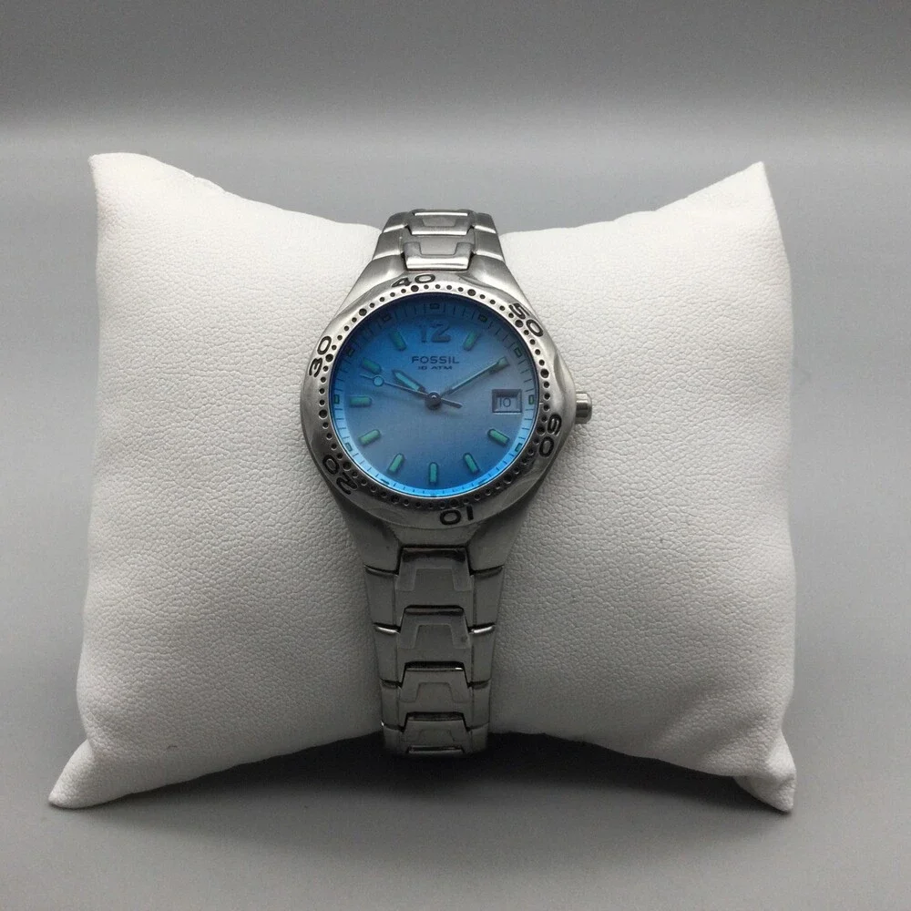 Fossil AM-3528 Womens Watch 29mm Blue Dial Date Stainless New Battery 6.5